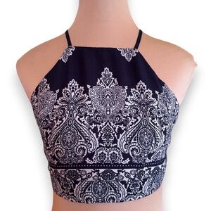MISS AVENUE Navy White Paisley Halter Crop Top Tie Back Size S